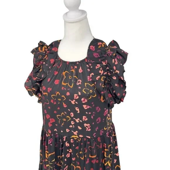 Entro Women's Ruffle Sleeve Floral Dress Black M Tiered Boho Mini Lined - Picture 2 of 13
